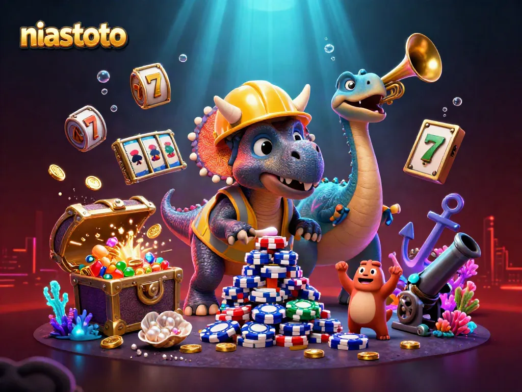 Engage in niastoto gaming as a jovial triceratops builds a poker chip pyramid amid lively casino elements