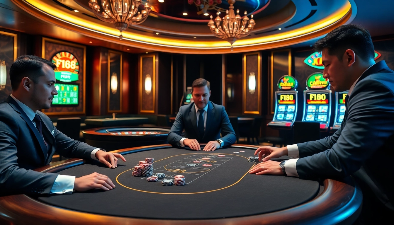 Engaged players at F168's elite poker table, highlighting excitement and high stakes in gambling.