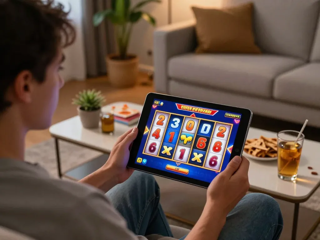 Player using LGOSUPER LOGIN on tablet for exciting online slot spins in a cozy home setting.