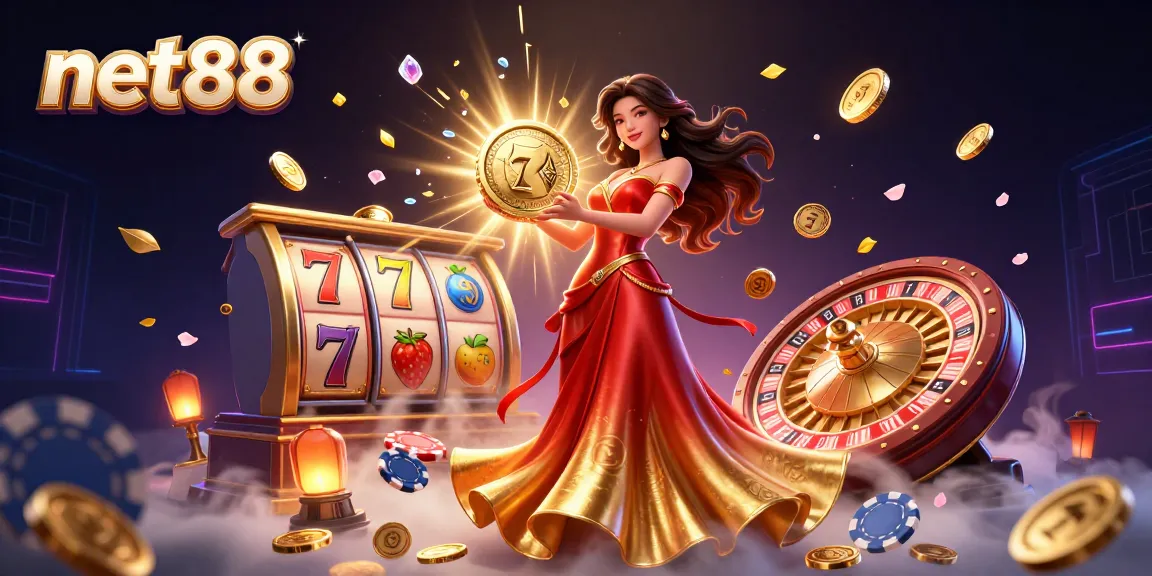 Engage with net88's vibrant casino gameplay featuring dynamic slot machines and a stunning illustration.