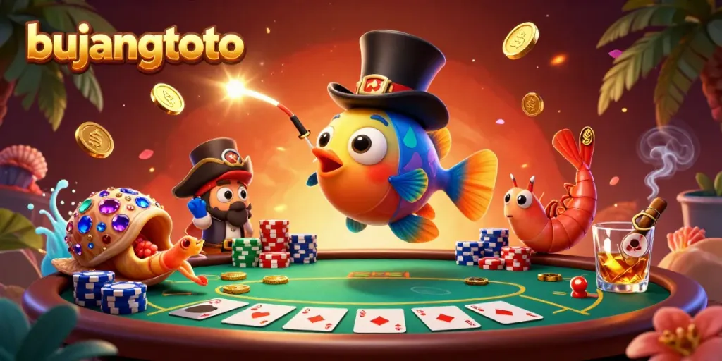 Engage with bujangtoto's exciting slots shown by an anglerfish, pirate shrimp, and gem snail.