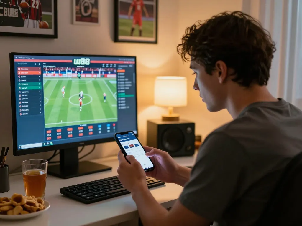 Engaging in live sports betting on the uu88 app, surrounded by a comfortable home setup.