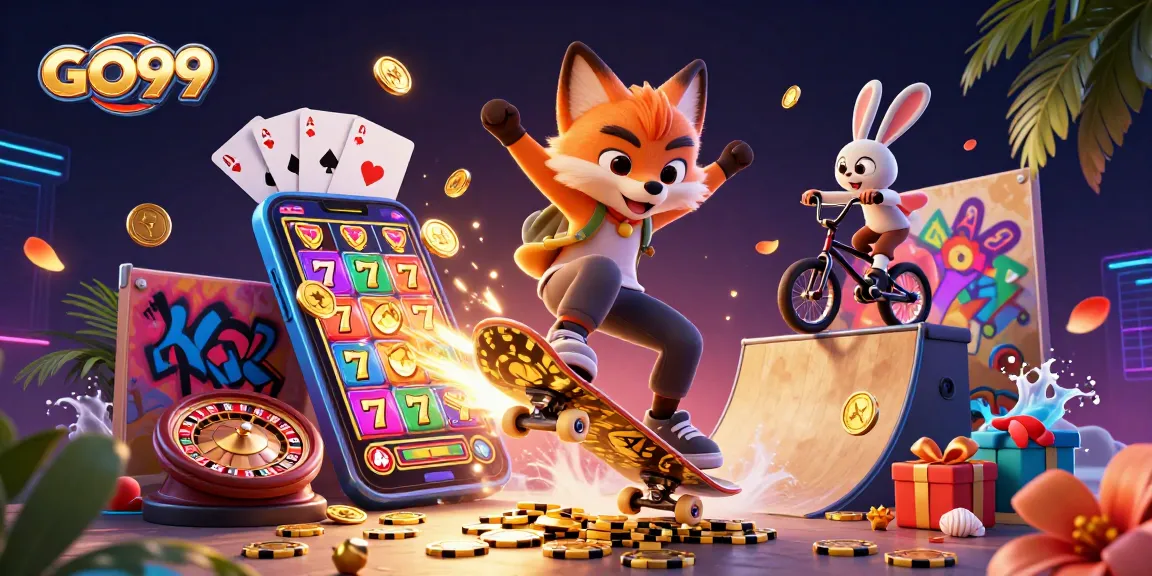 Engage with GO99 through a vibrant illustration of gambling excitement with fox and rabbit characters.