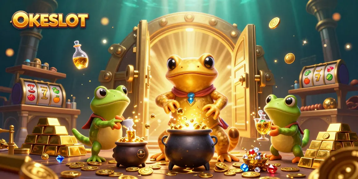 Menangkan hadiah besar dengan OKESLOT dan simbol permainan slot cerah dalam ilustrasi kasino.