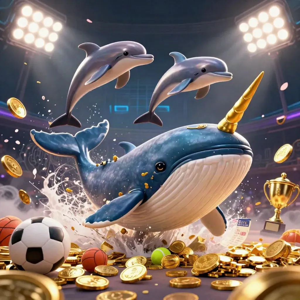 Paus kapten, narwhal, dan lumba-lumba meloncat di lautan koin dengan bola olahraga dan lampu stadion.