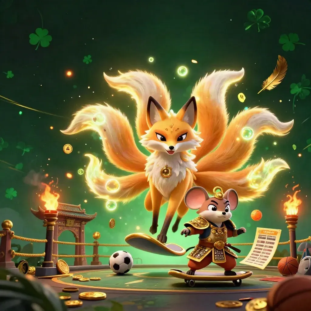 Rubah roh sembilan ekor dan tikus samurai emas di kuil dengan bola, koin, dan cahaya hijau-emas.