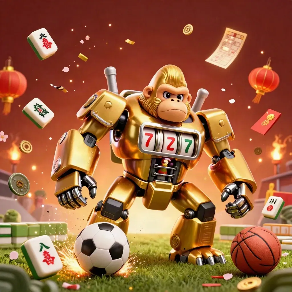 Mecha gorila emas bertema kasino dikelilingi bola, koin jade, lampion, dan percikan api.