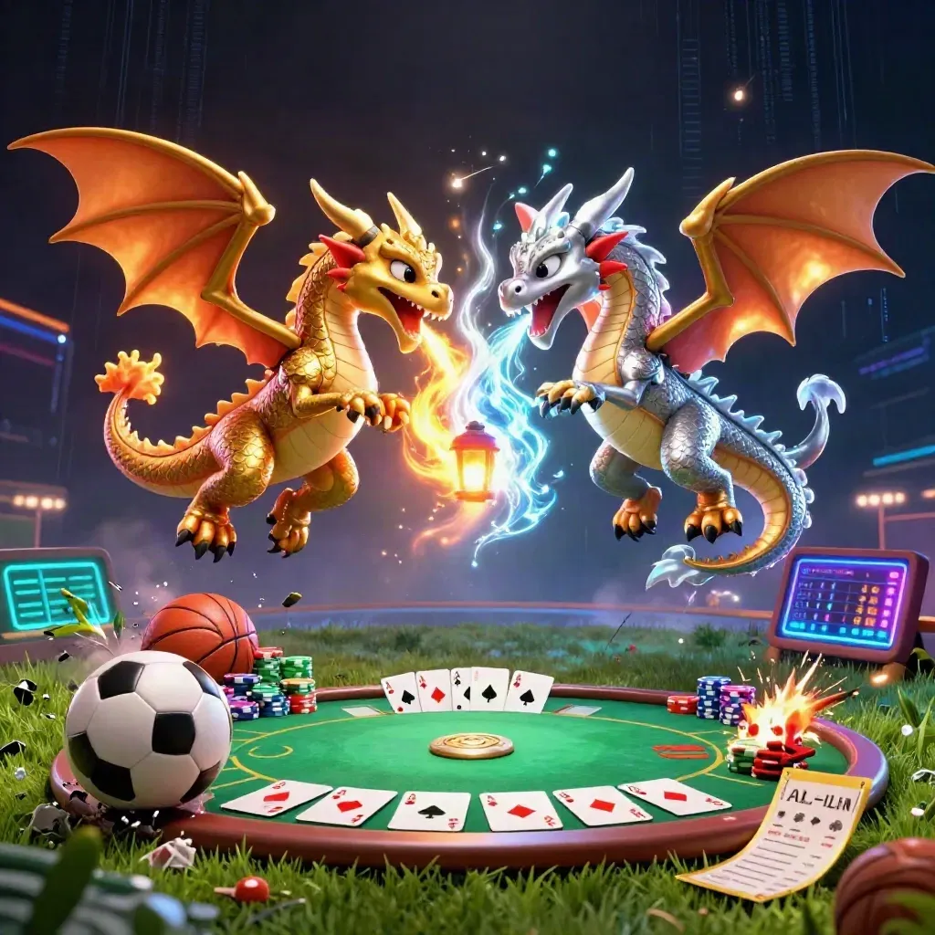 Dua naga emas dan perak berputar di atas bola, kartu, chip, dan cahaya neon.