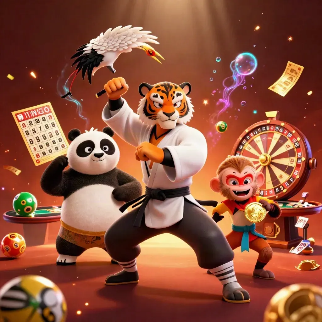 Tiger kung-fu, panda, dan monyet di kasino fantasi dengan efek cahaya mewah.