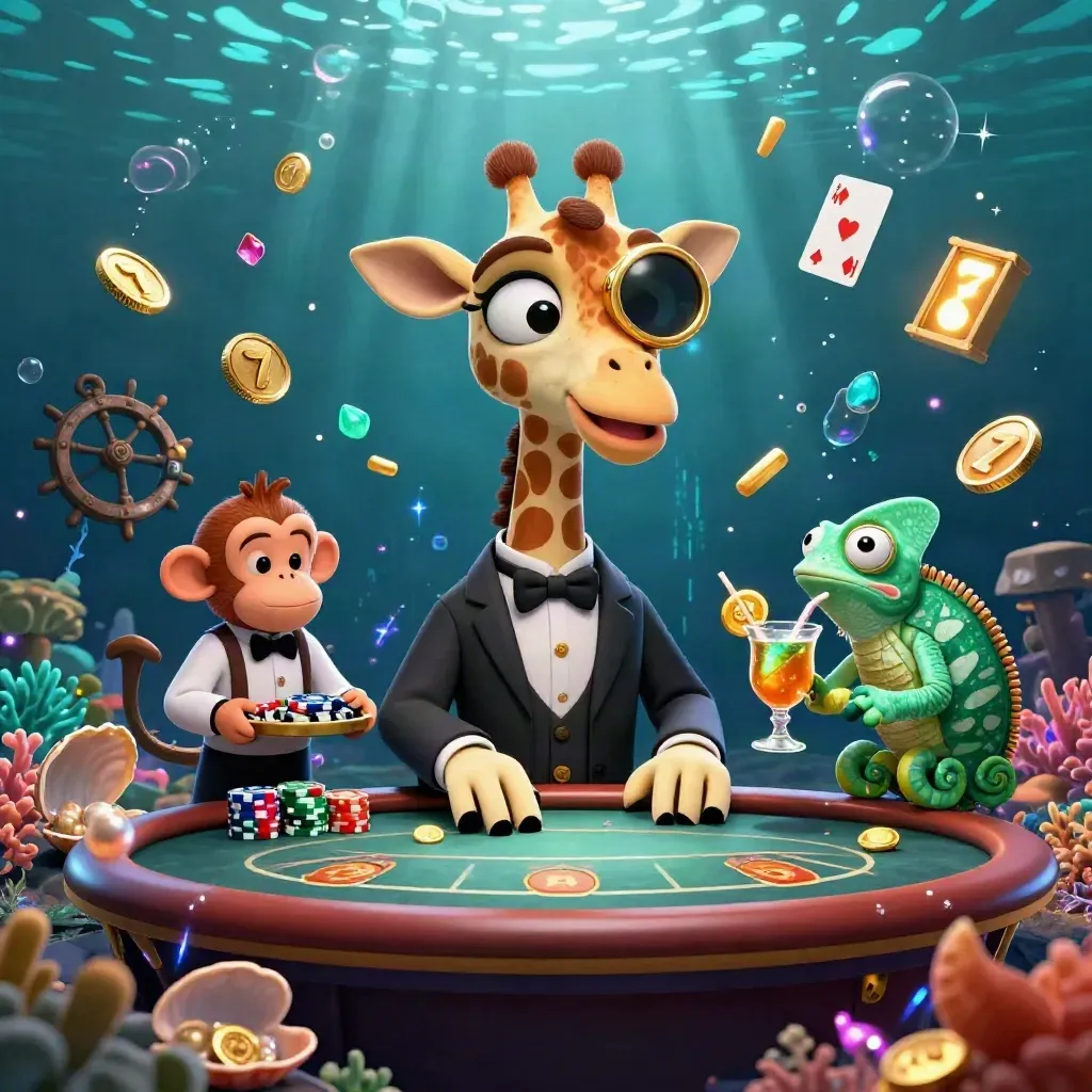 Giraffe jas, monyet valet, dan bartender bunglon di bawah laut neon penuh harta.