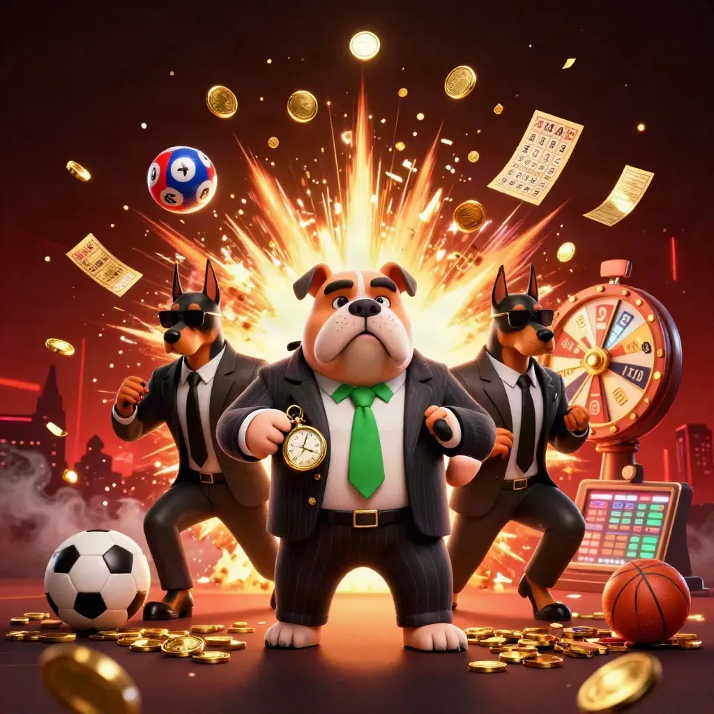 Bulldog mafia kartun dan dua doberman di tengah ledakan emas, bola lotre, roda hadiah, api, dan kota gelap.