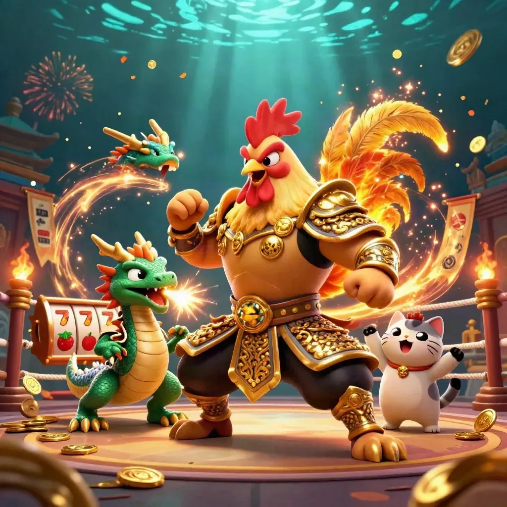 Ayam samurai, naga kecil, dan kucing hoki di gerbang kuil, emas hijau meledak.