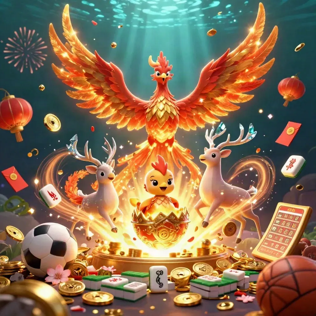 Phoenix, rusa kristal, dan bayi phoenix di tengah ledakan emas dan koin terbang.
