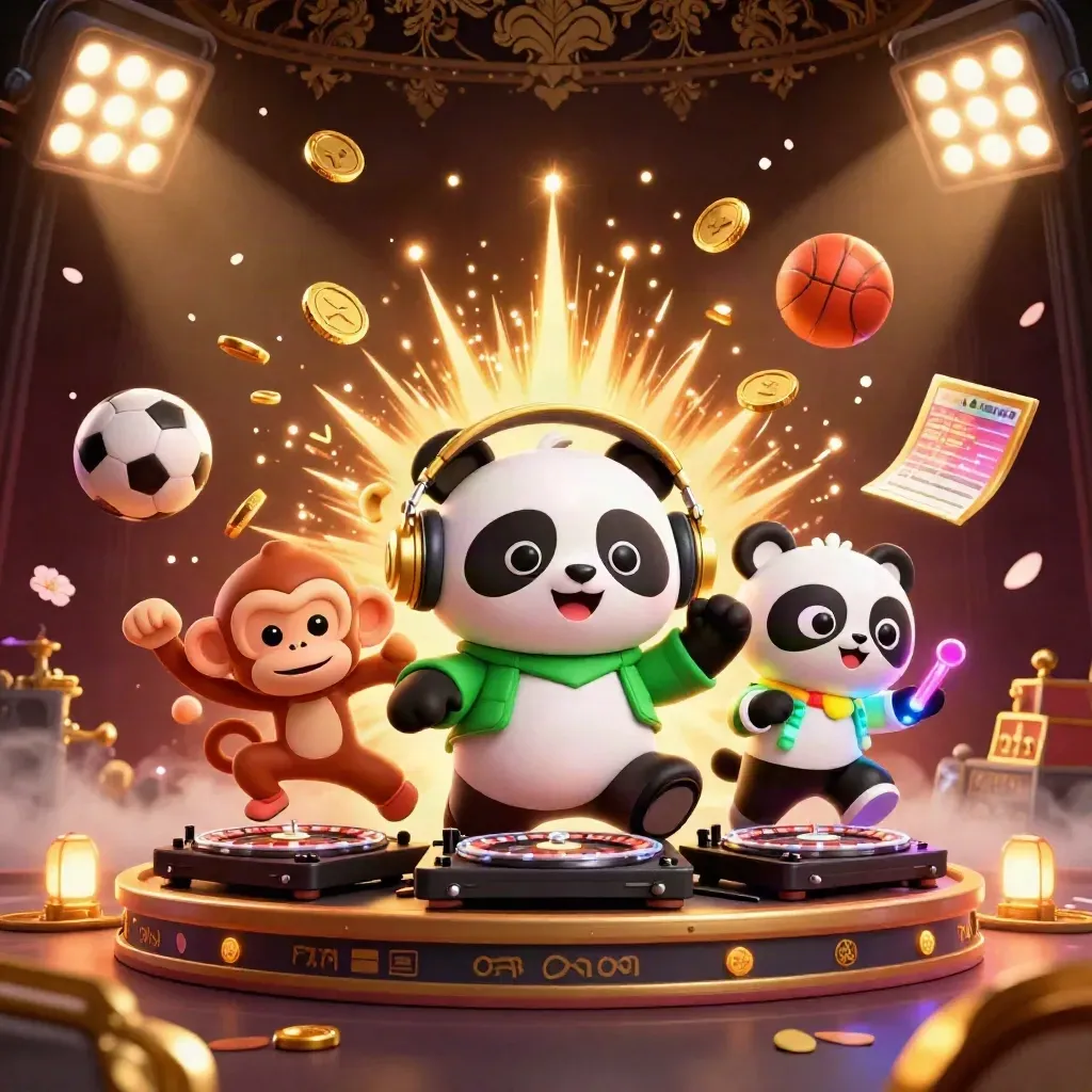 Panda DJ, monyet breakdance, dan kucing rave dikelilingi koin, trofi, bola olahraga, dan kilau emas.