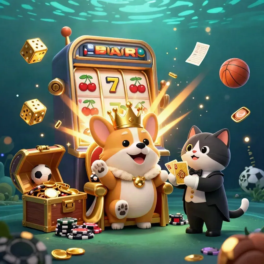 Korgi mahkota di singgasana koin, pelayan kucing, slot meledak, emas berkilau.