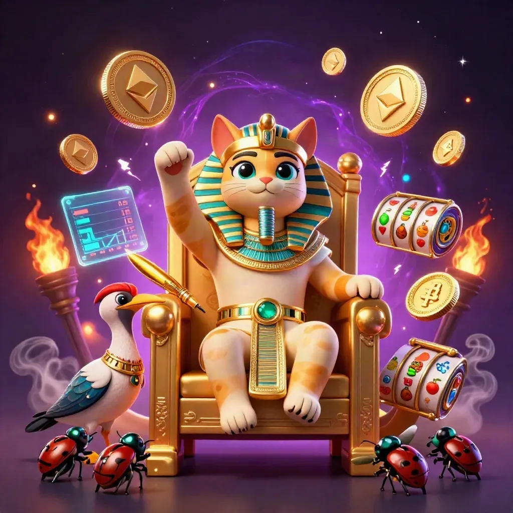 Kucing firaun, ibis, dan kumbang scarab di tahta emas dengan efek neon mistis.