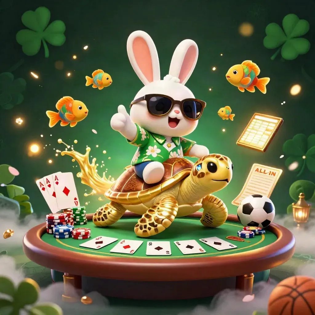 Kelinci kartun naik kura-kura emas dengan kartu poker, chip, dan efek neon mewah.