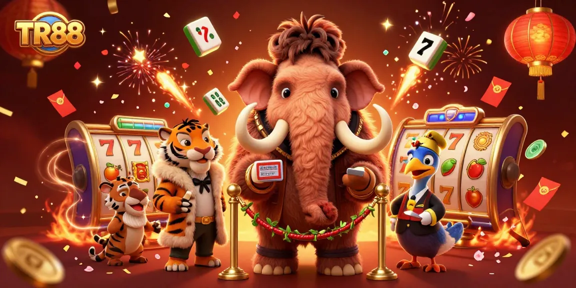 Experience TR88 at a vibrant casino scene with dynamic characters, slot reels, and festive elements.