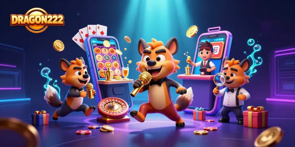 Experience the excitement at DRAGON222 with hyenas in a vibrant casino scene, featuring games and laughter.