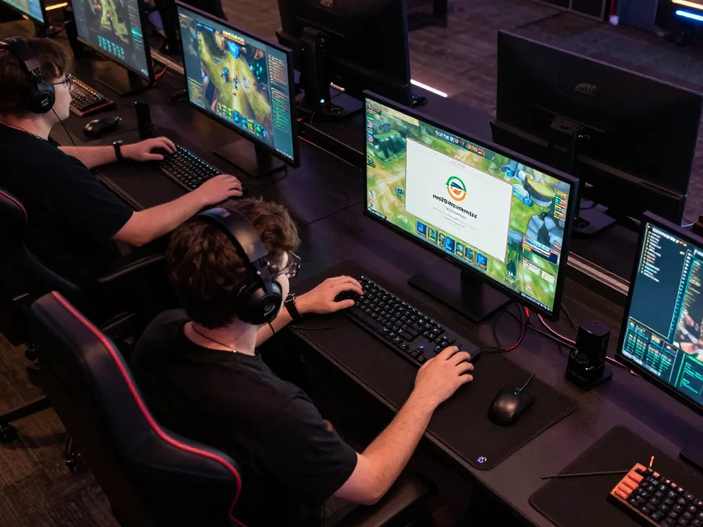 Engaging online gaming setup showcasing mpo08 link alternatif with multiple screens displaying active tournament games.