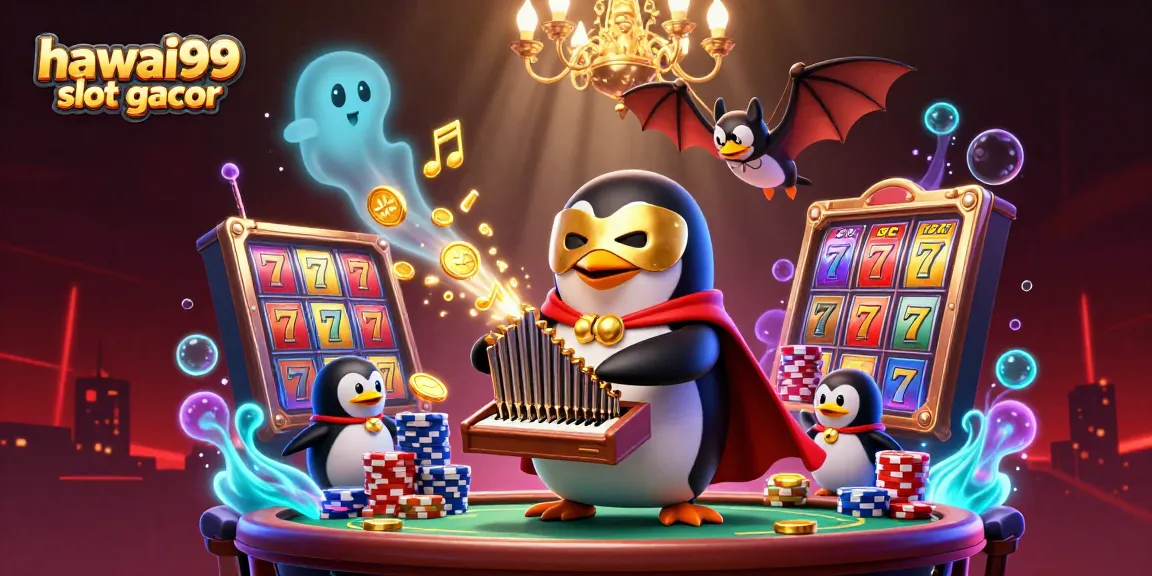 Experience the excitement with hawai99 slot gacor, featuring thrilling slot reels and a captivating penguin playing a golden organ.