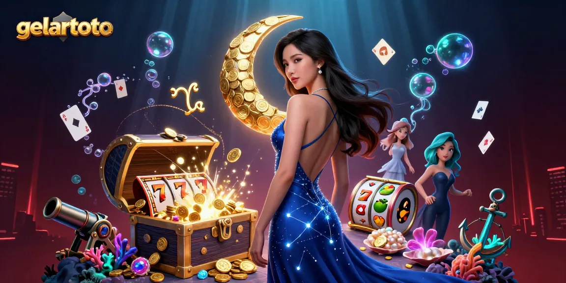 Play winning games at gelartoto with an elegant Asian woman, surrounded by slot elements and treasure.