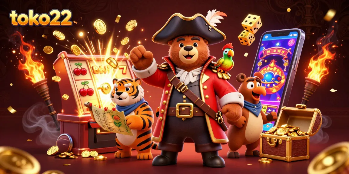Engage in thrilling gameplay with toko22's animated pirate bear, tiger, and golden slot machine.