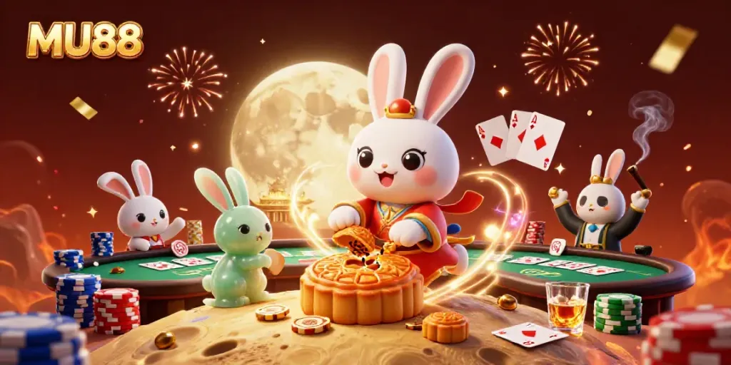 Celebrate at MU88 with a vibrant 3D illustration of a moon rabbit and poker elements, perfect for online gaming.