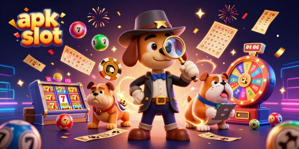 Ilustrasi apk slot yang menggambarkan detektif 3D mencari petunjuk di antara simbol mesin slot dan koin emas.