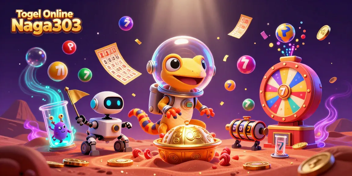 Togel Online Naga303 showcases a Martian gecko winning in a vibrant casino environment.