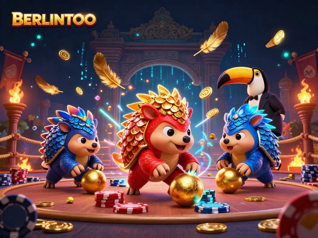 Engage with the dynamic action at BERLINTOTO as rival pangolins unleash casino excitement through golden balls and poker chips.