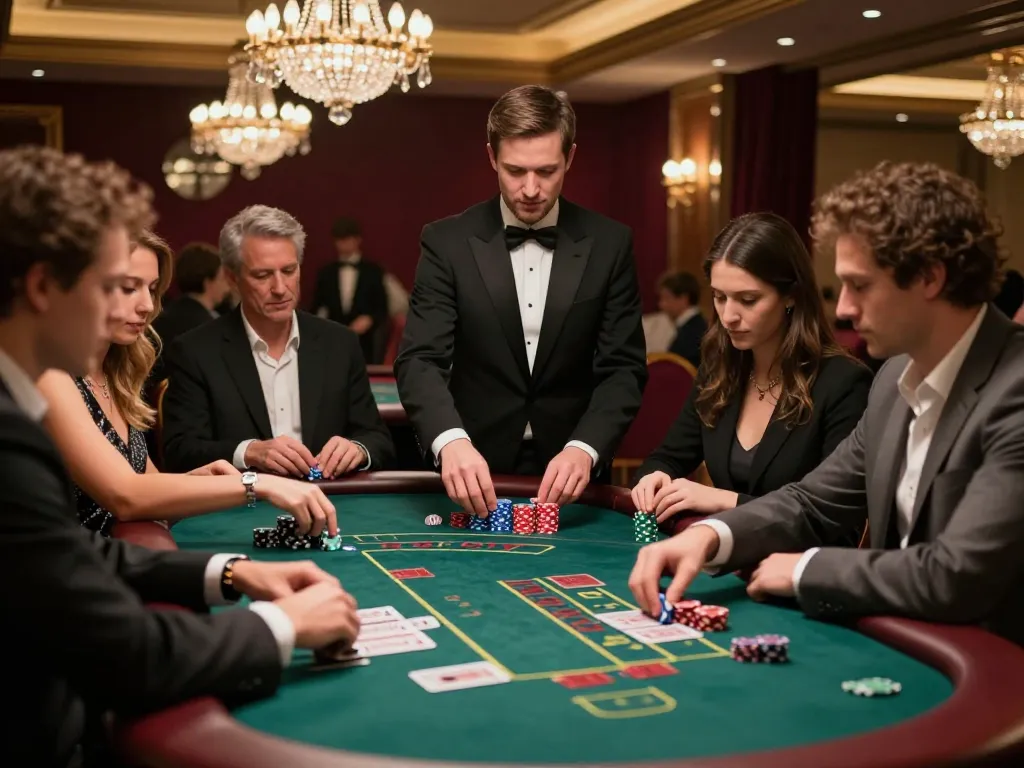 Strategic blackjack gameplay at upscale casino featuring sunwin players in elegant attire