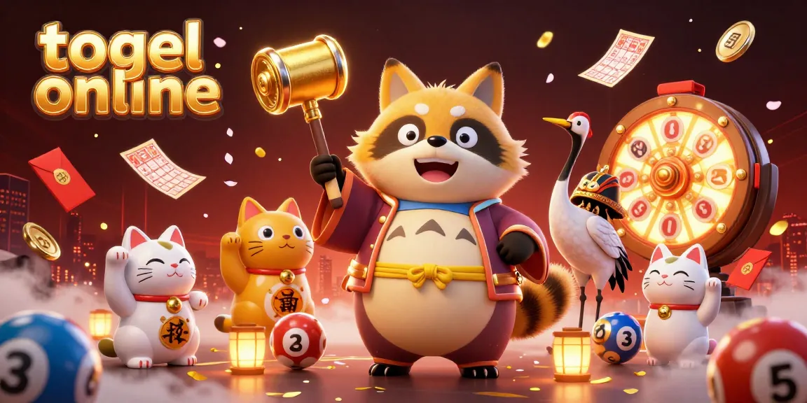 Melihat togel online dengan karakter tanuki, kucing keberuntungan, dan elemen lotere berwarna-warni.