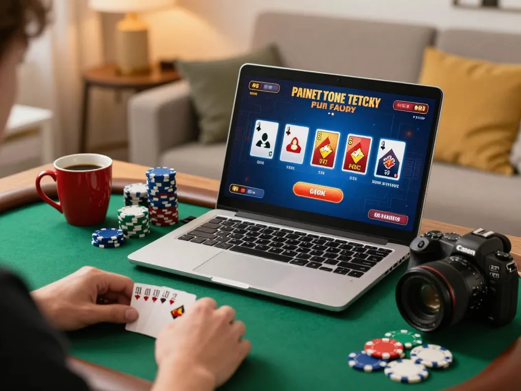 Permainan poker yang menarik di laptop dengan elemen spaceman yang meningkatkan suasana bermain di rumah.