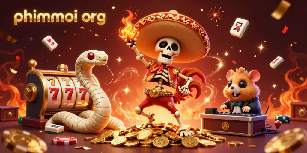 Celebrate with phimmoi org as a mariachi rooster dances on coins surrounded by casino elements.