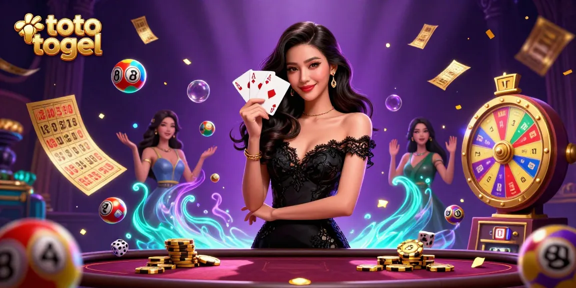 Engage in the excitement of toto togel with a stylish casino illustration featuring vibrant lottery elements and glamorous characters.