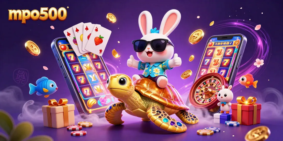 Gambarlah mpo500 dengan kelinci beruntung mengendarai kura-kura laut emas dan slot game