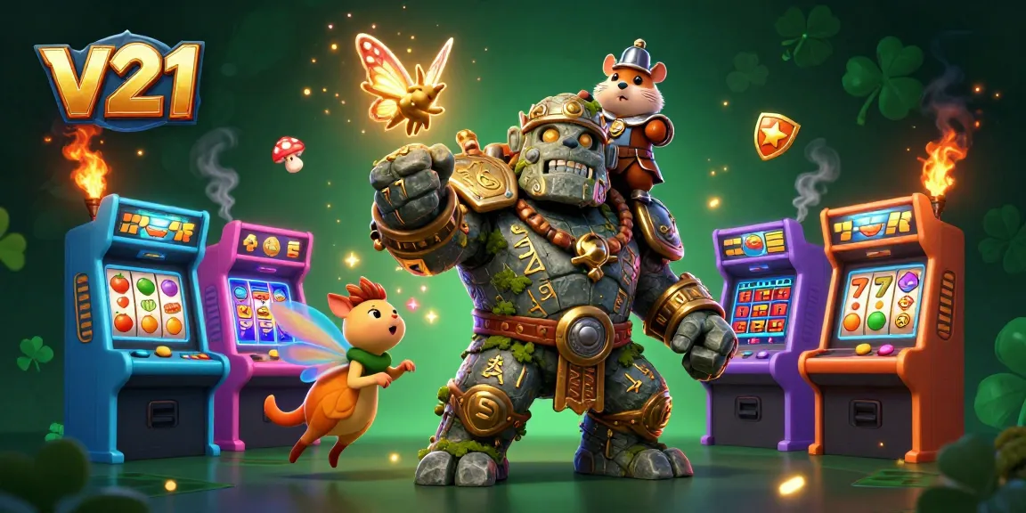 Permainan slot v21 dengan golem hidup dan ksatria hamster dalam ilustrasi 3D penuh warna.