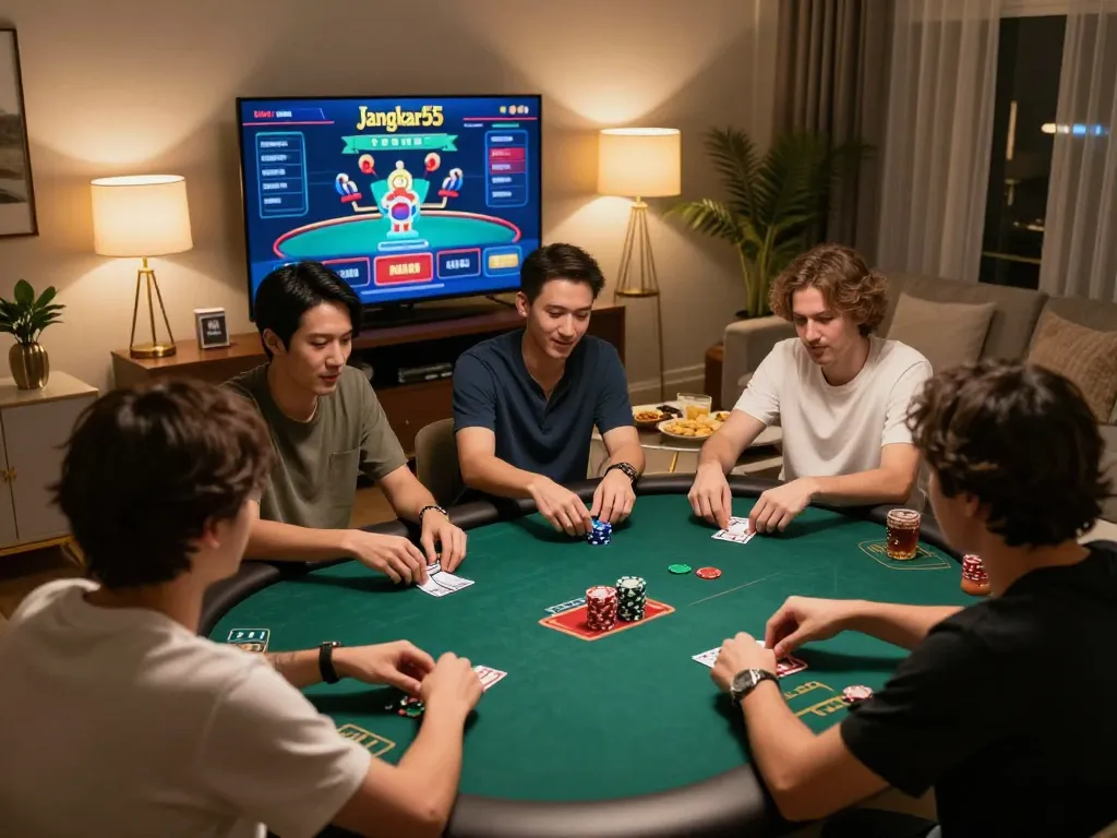 Players engaging in online poker at home via jangkar55 platform in a cozy setting