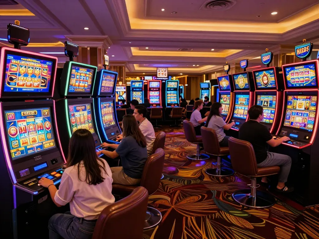 Players engaging with vibrant slot machines, celebrating wins in an upscale casino.