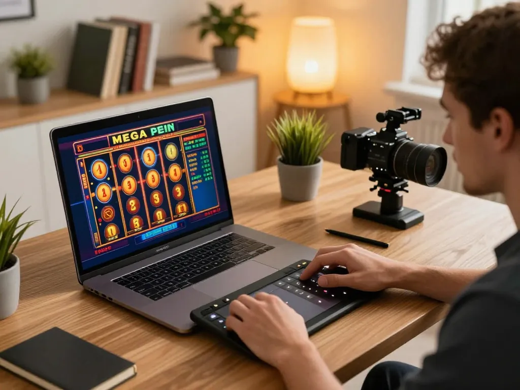Pengguna yang terlibat bermain permainan mega slot di laptop di kantor rumah yang nyaman, menggambarkan permainan yang bertanggung jawab.