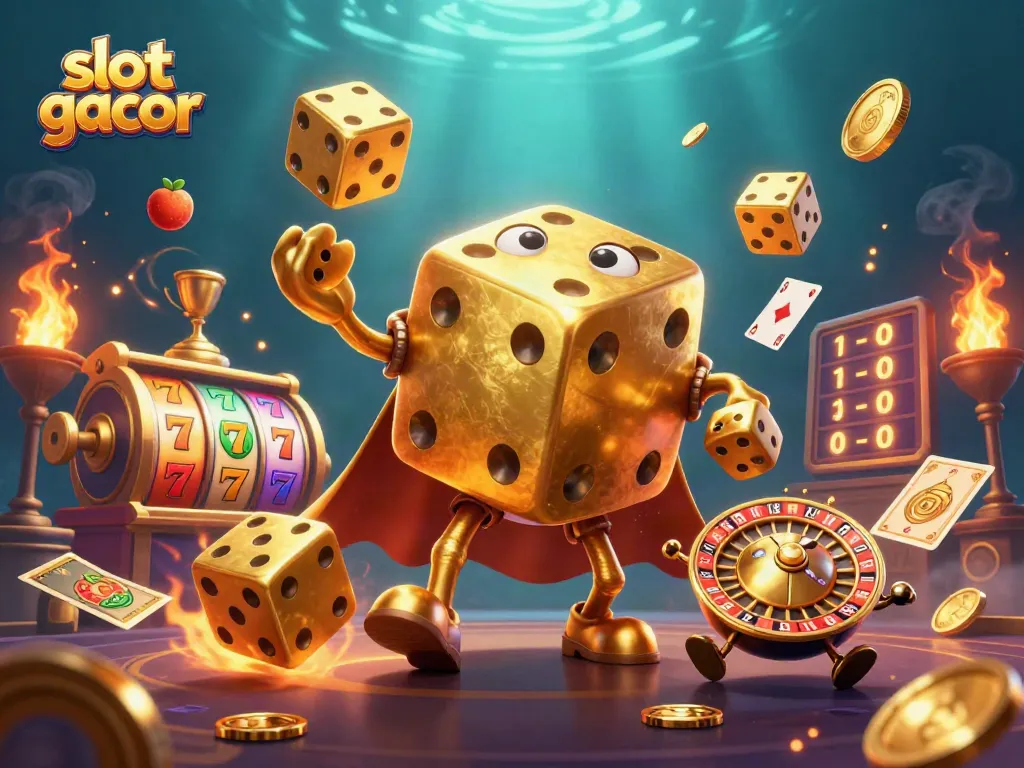 Judul "slot gacor" tampil menonjol di ilustrasi kasino 3D yang menunjukkan dadu emas dan simbol permainan yang dinamis.