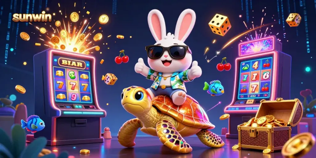 Experience the excitement of sunwin with a lucky rabbit and golden turtle in a vibrant casino scene.