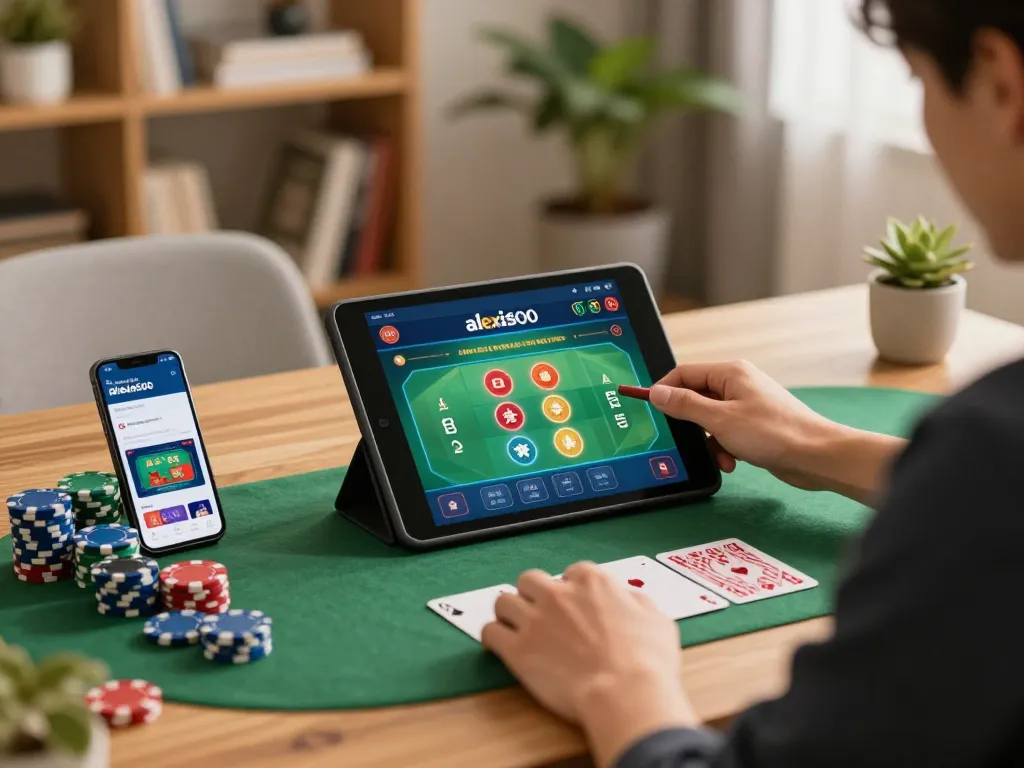 Permainan poker yang menarik di aplikasi alexis500 ditampilkan di tablet di tengah pengaturan rumah yang nyaman.