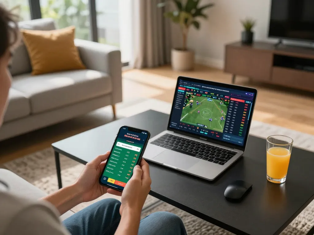 Betting on kèo nhà cái through a smartphone in a cozy home setup, showcasing online gambling.