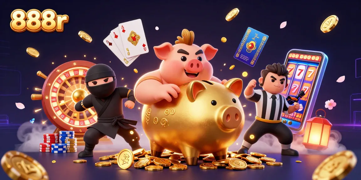 Watch the 888r piggy bank sumo wrestler shake loose golden coins in this vibrant casino scene.