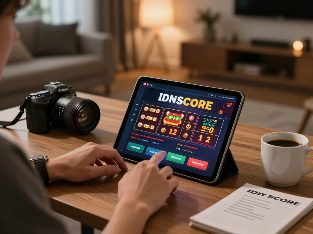 IDNSCORE user enjoying online gambling on a tablet at home, showcasing strategy notes and a warm atmosphere.