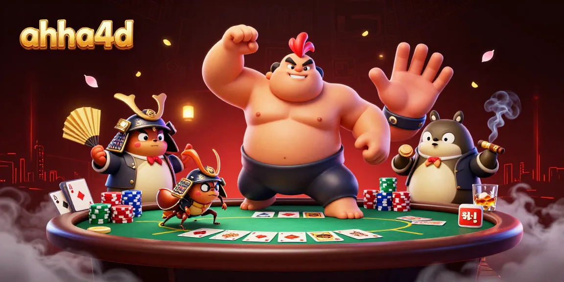 Engage with ahha4d in a vibrant poker showdown featuring a sumo wrestler rooster and samurai cricket.