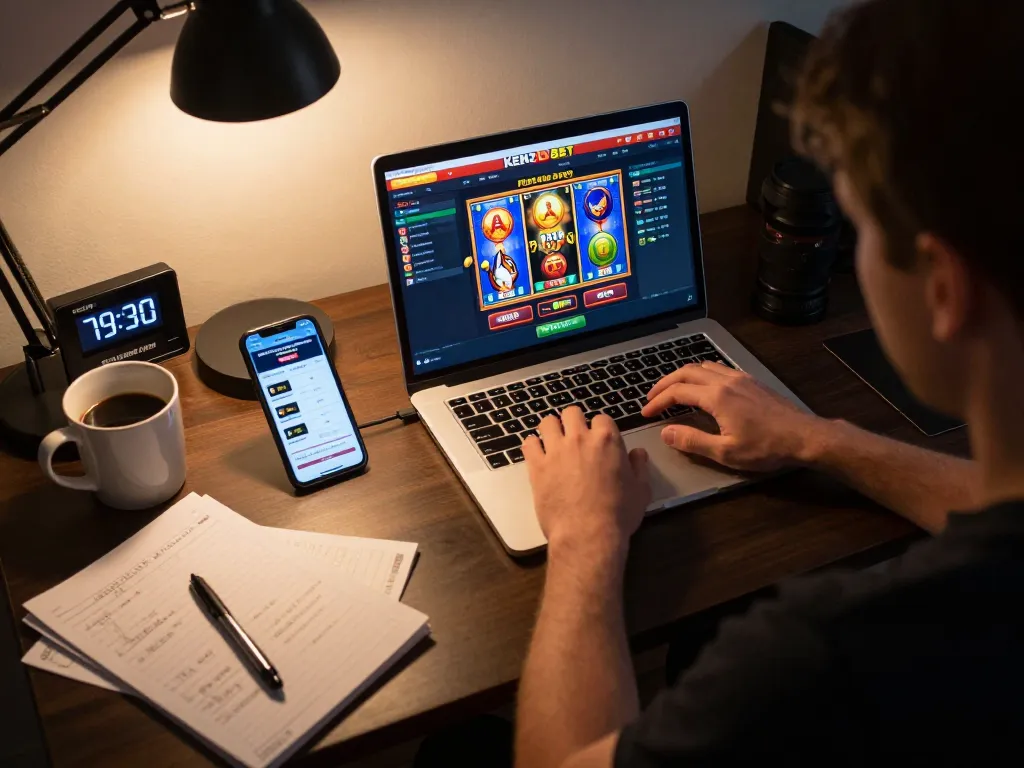 Playing slots on KENZOBET from a cozy home setup, showcasing responsible gaming habits.