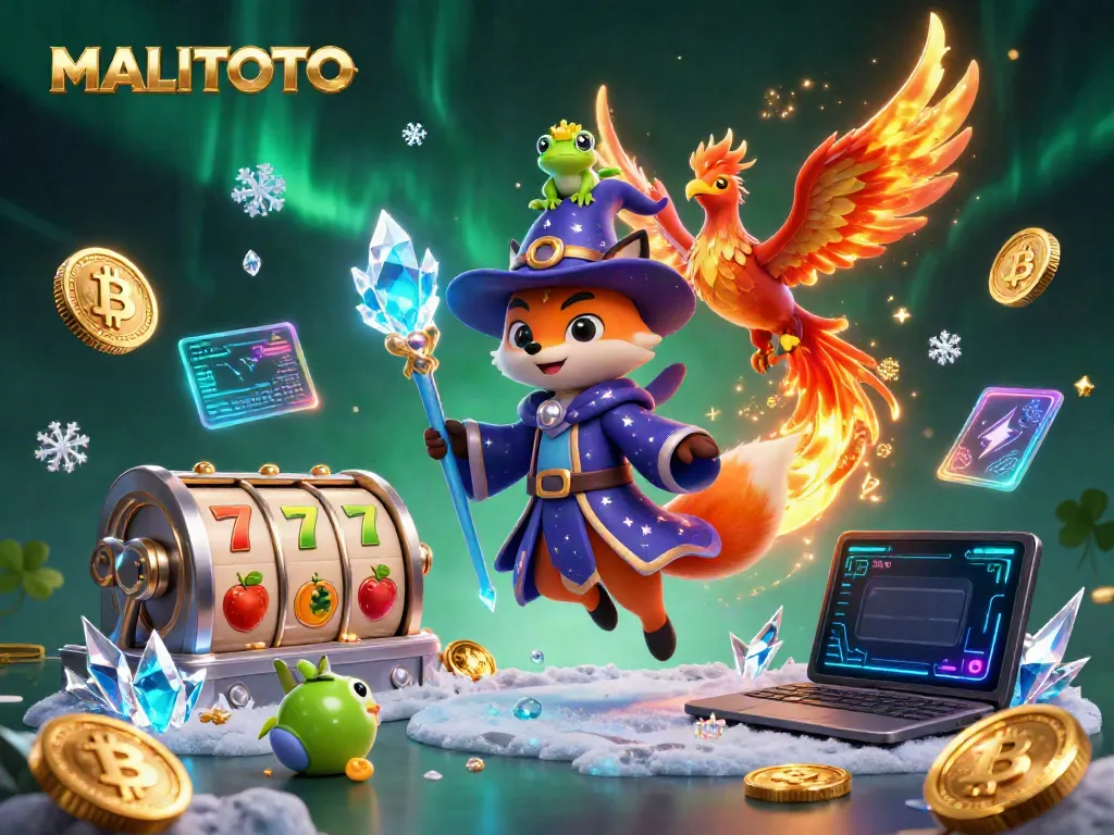 Engage with MALITOTO's vibrant slot world featuring a wizard fox, phoenix, and crypto elements.